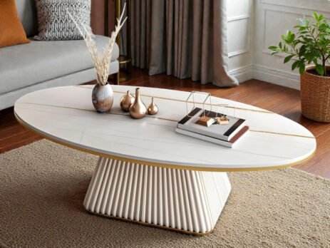 Oval Fluted Coffee Table Ivory Matte Finish | Modern Coffee Table