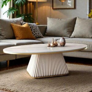 Oval Fluted Coffee Table Ivory Matte Finish | Modern Coffee Table