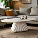 Oval Fluted Coffee Table Ivory Matte Finish | Modern Coffee Table