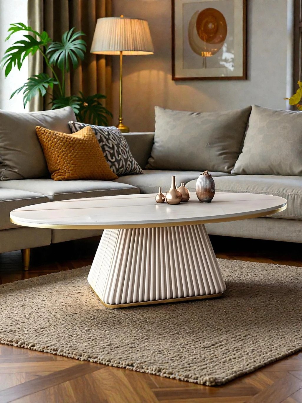 Oval Fluted Coffee Table Ivory Matte Finish | Modern Coffee Table