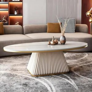 Oval Fluted Coffee Table Ivory Matte Finish | Modern Coffee Table
