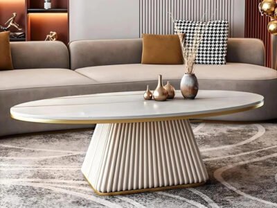 Oval Fluted Coffee Table Ivory Matte Finish | Modern Coffee Table