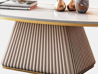 Oval Fluted Coffee Table Ivory Matte Finish | Modern Coffee Table