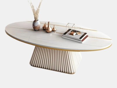 Oval Fluted Coffee Table Ivory Matte Finish | Modern Coffee Table