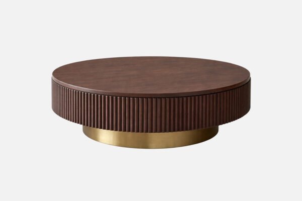 Modern Round Tambour Coffee Table with Fluted Wood Base