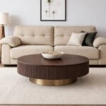 Modern Round Tambour Coffee Table with Fluted Wood Base