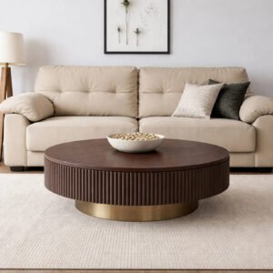 Modern Round Tambour Coffee Table with Fluted Wood Base