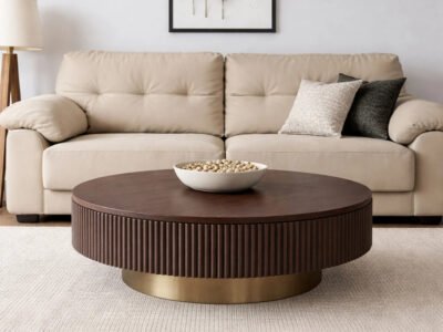 Modern Round Tambour Coffee Table with Fluted Wood Base