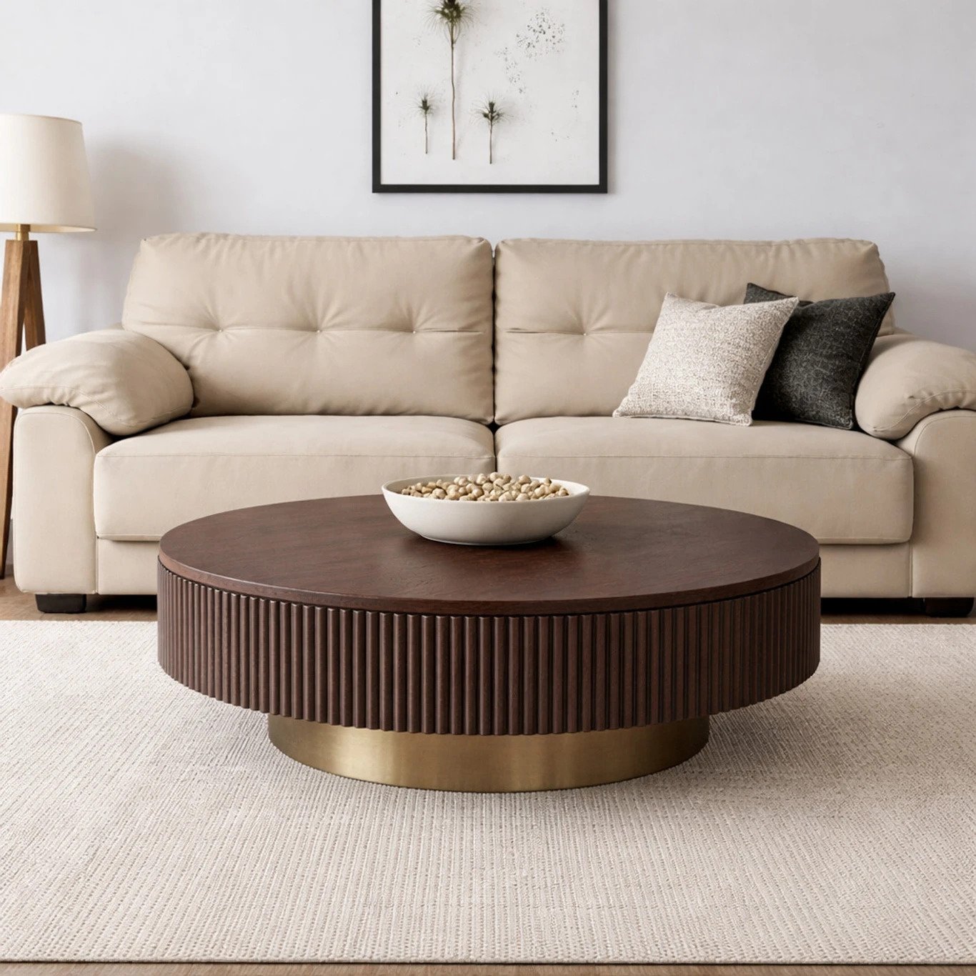 Modern Round Tambour Coffee Table with Fluted Wood Base