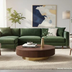 Modern Round Tambour Coffee Table with Fluted Wood Base