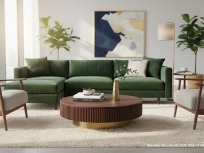 Modern Round Tambour Coffee Table with Fluted Wood Base
