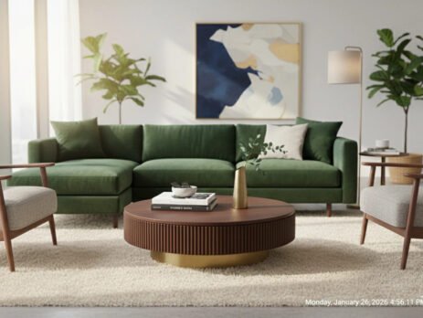 Modern Round Tambour Coffee Table with Fluted Wood Base