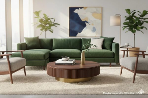 Modern Round Tambour Coffee Table with Fluted Wood Base