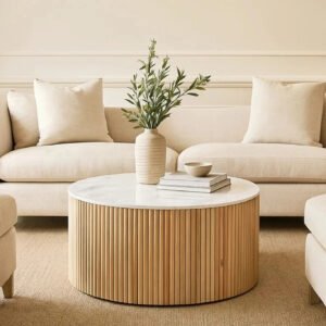 Round-wooden-coffee-table-slatted-base - Image 3