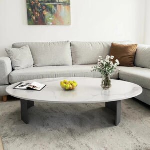 Oval Wooden Coffee Table Marble Finish Mica Laminate