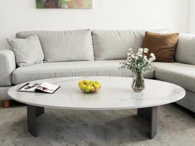 Oval Wooden Coffee Table Marble Finish Mica Laminate