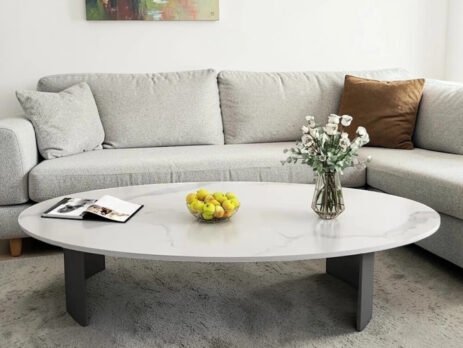 Oval Wooden Coffee Table Marble Finish Mica Laminate