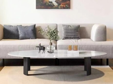 Oval Wooden Coffee Table Marble Finish Mica Laminate