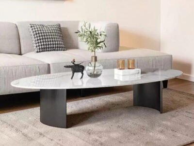 Oval Wooden Coffee Table Marble Finish Mica Laminate