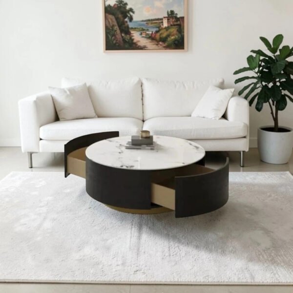 Modern Gloss Round Coffee Table with Dual Drawers