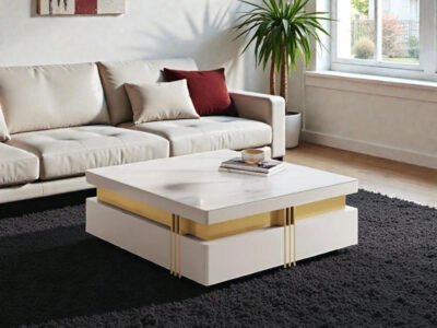 White Wooden Coffee Table with Gold Accents Hidden Storage Drawers
