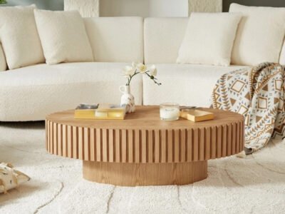 Riyu Natural Oak Ribbed Oval Coffee Table