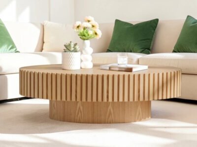 Riyu Natural Oak Ribbed Oval Coffee Table