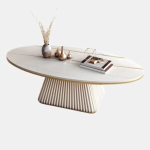 Tanush Furnitures Modern Oval Fluted Coffee Table in Ivory Matte Finish (Off white or Cream) - Image 6
