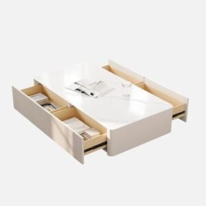 Tanush Furnitures Modern Fluted 4-Drawer Coffee Table with Marble-Pattern Finish (White & Gold) - Image 5