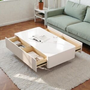 Tanush Furnitures Modern Fluted 4-Drawer Coffee Table with Marble-Pattern Finish (White & Gold) - Image 1