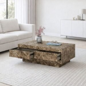 Tanush Furnitures Handcrafted Wooden Marble Finish Coffee Table with Dual Hidden Storage Drawers (Brown) - Image 1