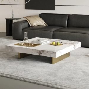 Tanush Furnitures Modern Square Wood Coffee Table – Marble-Finish Mica Laminated Center Table (White and Brown) - Image 5