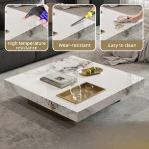 Tanush Furnitures Modern Square Wood Coffee Table – Marble-Finish Mica Laminated Center Table (White and Brown) - Image 6