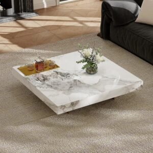 Tanush Furnitures Modern Square Wood Coffee Table – Marble-Finish Mica Laminated Center Table (White and Brown) - Image 4