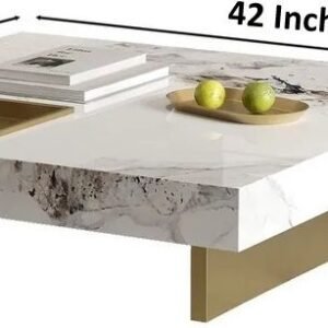Tanush Furnitures Modern Square Wood Coffee Table – Marble-Finish Mica Laminated Center Table (White and Brown) - Image 3