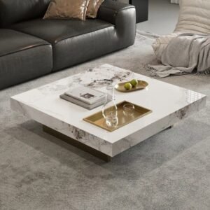 Tanush Furnitures Modern Square Wood Coffee Table – Marble-Finish Mica Laminated Center Table (White and Brown) - Image 2