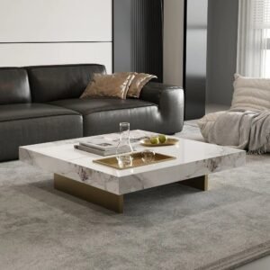 Tanush Furnitures Modern Square Wood Coffee Table – Marble-Finish Mica Laminated Center Table (White and Brown) - Image 7