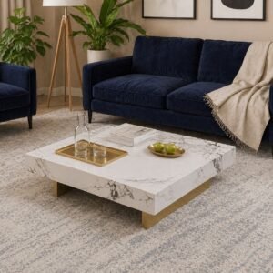 Tanush Furnitures Modern Square Wood Coffee Table – Marble-Finish Mica Laminated Center Table (White and Brown) - Image 1