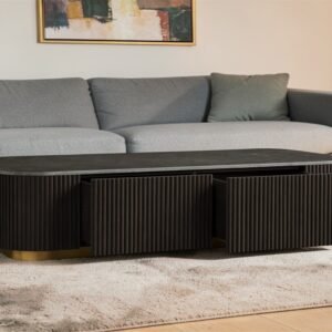 Tanush Furnitures Modern Fluted Dark Wood Coffee Table with Storage ( 2 Drawers ) (Brown) - Image 4