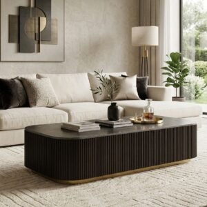 Tanush Furnitures Modern Fluted Dark Wood Coffee Table with Storage ( 2 Drawers ) (Brown) - Image 8