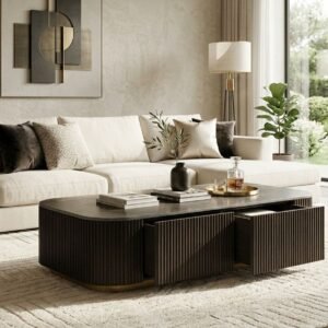 Tanush Furnitures Modern Fluted Dark Wood Coffee Table with Storage ( 2 Drawers ) (Brown)