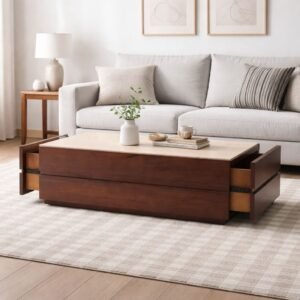 Tanush Furnitures Artisan Wood Coffee Table with Sleek Profile, Side Drawers, and Modern Design (Brown) - Image 1
