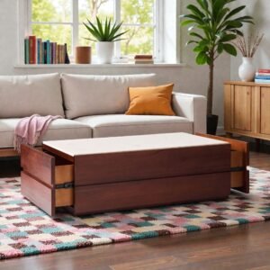 Tanush Furnitures Artisan Wood Coffee Table with Sleek Profile, Side Drawers, and Modern Design (Brown) - Image 8