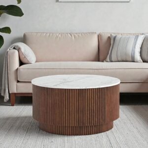 Tanush Furnitures Solvin Round Wooden Coffee Table with Fluted Base, and Hidden Storage (Brown and White Top) - Image 1
