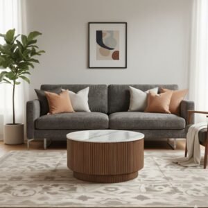 Tanush Furnitures Solvin Round Wooden Coffee Table with Fluted Base, and Hidden Storage (Brown and White Top) - Image 5