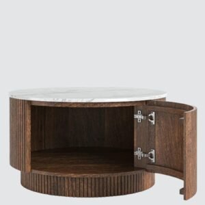Tanush Furnitures Solvin Round Wooden Coffee Table with Fluted Base, and Hidden Storage (Brown and White Top) - Image 2