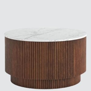 Tanush Furnitures Solvin Round Wooden Coffee Table with Fluted Base, and Hidden Storage (Brown and White Top) - Image 4