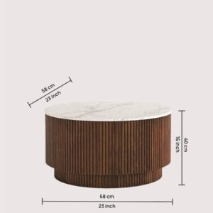 Tanush Furnitures Solvin Round Wooden Coffee Table with Fluted Base, and Hidden Storage (Brown and White Top) - Image 3