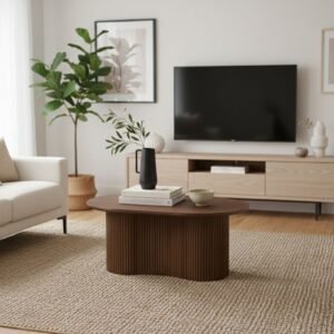 Tanush Furnitures Round Wooden Coffee Table with Fluted Pedestal Base (Brown) - Image 8