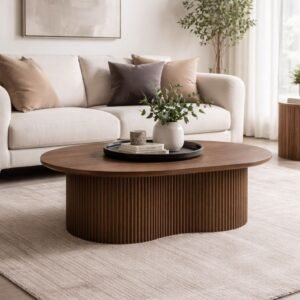 Tanush Furnitures Round Wooden Coffee Table with Fluted Pedestal Base (Brown) - Image 1